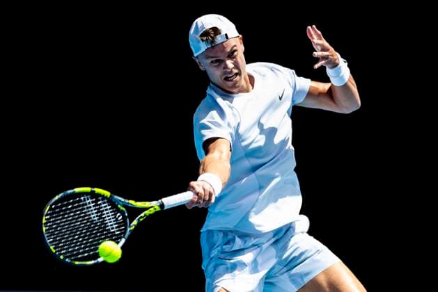 MELBOURNE, VIC - JANUARY 20: Holger Rune of Denmark in action during Round 4 of the 2025 Australian Open on January 20 2025, at Melbourne Park in Melbourne, Australia. (Photo by Jason Heidrich Icon Sportswire) TENNIS: JAN 20 Australian Open EDITORIAL USE ONLY Icon250120109