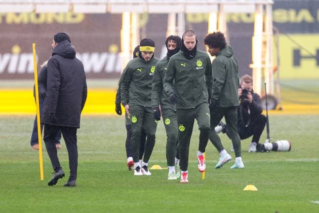 20.01.2025, Abschlusstraining Borussia Dortmund, UEFA Champions League, v. l. Kjell-Arik Wätjen (Borussia Dortmund), Filipo Mane (Borussia Dortmund), Waldemar Anton (Borussia Dortmund), Karim Adeyemi (Borussia Dortmund), Dortmund BVB Trainingsgelände NRW Deutschland xRHR-FOTO DEx Copyright: DennisxEwert RHR-FOTOx RHR-FOTO DE