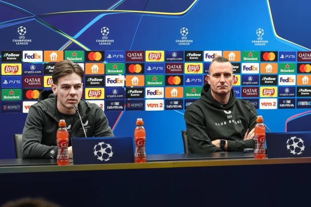 Club s Ardon Jashari and Club s head coach Nicky Hayen pictured during a press conference, PK, Pressekonferenz of Belgian Club Brugge KV, Monday 20 January 2025 in Brugge. Tomorrow, they will play against Italian club Juventus, on the seventh day (out of 8) of the UEFA Champions League league phase. BRUNOxFAHY  x110782812x