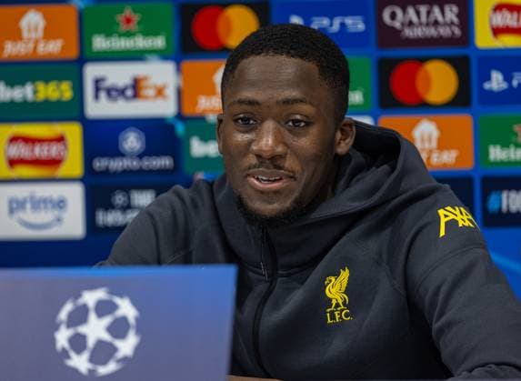 Football - UEFA Champions League - League Phase - Liverpool FC v LOSC Lille - MD-1 LIVERPOOL, ENGLAND - Monday, January 20, 2025: Liverpool s Ibrahima KonatÃ during a press conference, PK, Pressekonferenz at Anfield ahead of the UEFA Champions League game between Liverpool FC and LOSC Lille. (Photo by David Rawcliffe Propaganda) LIVERPOOL Anfield MERSEYSIDE ENGLAND  Copyright: xDavidxRawcliffex P2025-01-20-Liverpool_Lille_MD-1-66