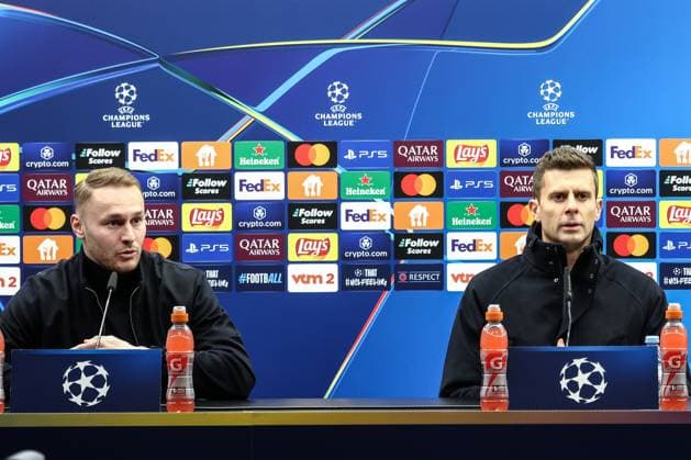 Juventus Teun Koopmeiners and Juventus? head coach Thiago Motta pictured during a press conference, PK, Pressekonferenz of Italian club Juventus, Monday 20 January 2025 in Brugge. Tomorrow, they will play against Belgian Club Brugge KV, on the seventh day (out of 8) of the UEFA Champions League league phase. BRUNOxFAHY  x110795287x