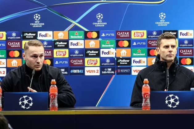 Juventus Teun Koopmeiners and Juventus head coach Thiago Motta pictured during a press conference, PK, Pressekonferenz of Italian club Juventus, Monday 20 January 2025 in Brugge. Tomorrow, they will play against Belgian Club Brugge KV, on the seventh day (out of 8) of the UEFA Champions League league phase. BRUNOxFAHY  x110795357x