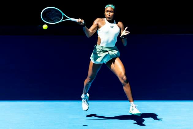 MELBOURNE, VIC - JANUARY 21: Coco Gauff of the United States of America in action during the Quarterfinals of the 2025 Australian Open on January 21 2025, at Melbourne Park in Melbourne, Australia. (Photo by Jason Heidrich Icon Sportswire) TENNIS: JAN 21 Australian Open EDITORIAL USE ONLY Icon250121045