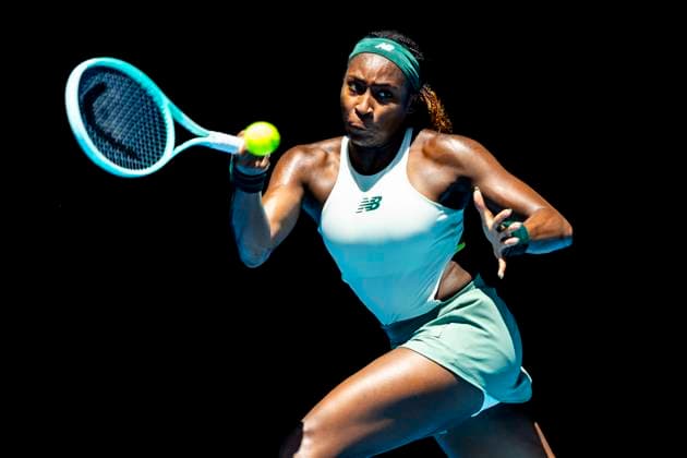 MELBOURNE, VIC - JANUARY 21: Coco Gauff of the United States of America in action during the Quarterfinals of the 2025 Australian Open on January 21 2025, at Melbourne Park in Melbourne, Australia. (Photo by Jason Heidrich Icon Sportswire) TENNIS: JAN 21 Australian Open EDITORIAL USE ONLY Icon250121055