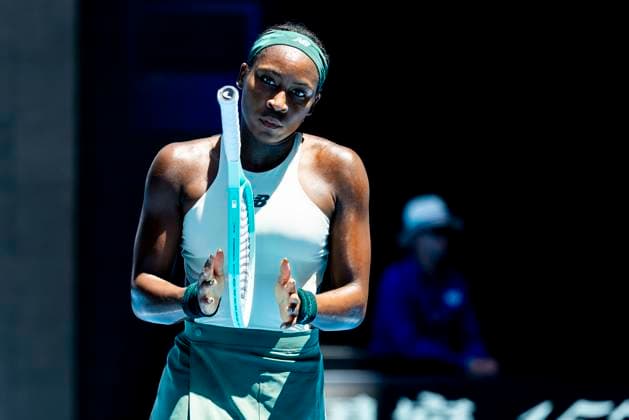 MELBOURNE, VIC - JANUARY 21: Coco Gauff of the United States of America in action during the Quarterfinals of the 2025 Australian Open on January 21 2025, at Melbourne Park in Melbourne, Australia. (Photo by Jason Heidrich Icon Sportswire) TENNIS: JAN 21 Australian Open EDITORIAL USE ONLY Icon250121062