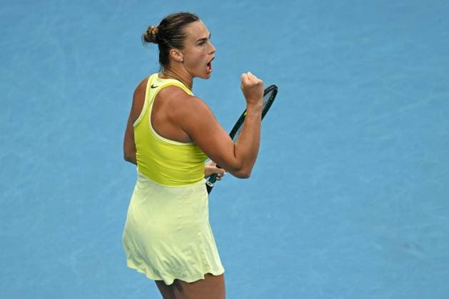 TENNIS AUSTRALIAN OPEN, Aryna Sabalenka of Belarus reacts during her 1 4 final match against Anastasia Pavlyuchenkova of Russia during the 2025 Australian Open at Melbourne Park in Melbourne, Tuesday, January 21, 2025. ( NO ARCHIVING, EDITORIAL USE ONLY, NO USE IN BOOKS WITHOUT CONSENT MELBOURNE VICTORIA AUSTRALIA  Copyright: xLUKASxCOCHx 20250121165218280080