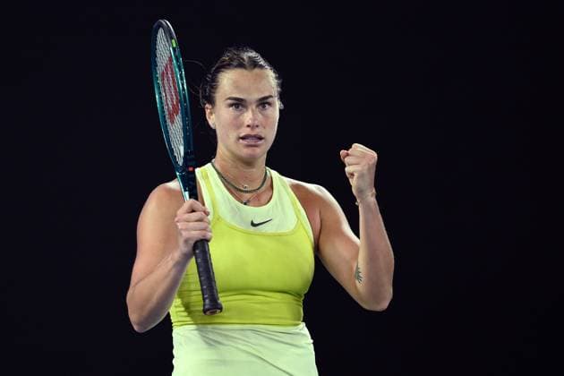 TENNIS AUSTRALIAN OPEN, Aryna Sabalenka of Belarus celebrates winning match point during her 1 4 final match against Anastasia Pavlyuchenkova of Russia during the 2025 Australian Open at Melbourne Park in Melbourne, Tuesday, January 21, 2025. ( NO ARCHIVING, EDITORIAL USE ONLY, NO USE IN BOOKS WITHOUT CONSENT MELBOURNE VICTORIA AUSTRALIA  Copyright: xJOELxCARRETTx 20250121195829031426