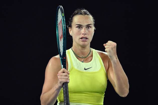 TENNIS AUSTRALIAN OPEN, Aryna Sabalenka of Belarus celebrates winning match point during her 1 4 final match against Anastasia Pavlyuchenkova of Russia during the 2025 Australian Open at Melbourne Park in Melbourne, Tuesday, January 21, 2025. ( NO ARCHIVING, EDITORIAL USE ONLY, NO USE IN BOOKS WITHOUT CONSENT MELBOURNE VICTORIA AUSTRALIA  Copyright: xJOELxCARRETTx 20250121129440941313