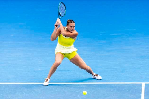 MELBOURNE, VIC - JANUARY 21: Aryna Sabalenka of Belarus in action during the Quarterfinals of the 2025 Australian Open on January 21 2025, at Melbourne Park in Melbourne, Australia. (Photo by Jason Heidrich Icon Sportswire) TENNIS: JAN 21 Australian Open EDITORIAL USE ONLY Icon250121148