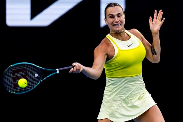 MELBOURNE, VIC - JANUARY 21: Aryna Sabalenka of Belarus in action during the Quarterfinals of the 2025 Australian Open on January 21 2025, at Melbourne Park in Melbourne, Australia. (Photo by Jason Heidrich Icon Sportswire) TENNIS: JAN 21 Australian Open EDITORIAL USE ONLY Icon250121154