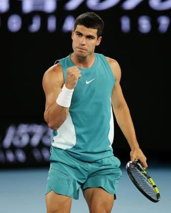 Carlos Alcaraz celebrates during his Quarter-final match against Djokovic in the Rod Laver Arena Australian Open, Day Ten, Tennis, Melbourne Park, Melbourne, Australia - 21 Jan 2025  Copyright: xRachelxBach Shutterstockx 15108797dt