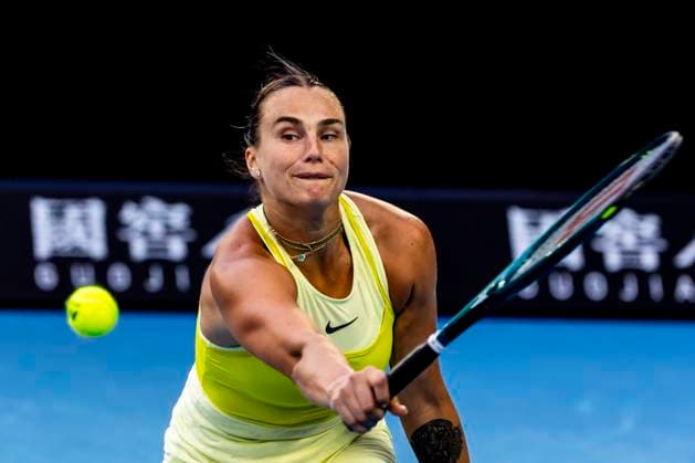 MELBOURNE, VIC - JANUARY 21: Aryna Sabalenka of Belarus in action during the Quarterfinals of the 2025 Australian Open on January 21 2025, at Melbourne Park in Melbourne, Australia. (Photo by Jason Heidrich Icon Sportswire) TENNIS: JAN 21 Australian Open EDITORIAL USE ONLY Icon250121162