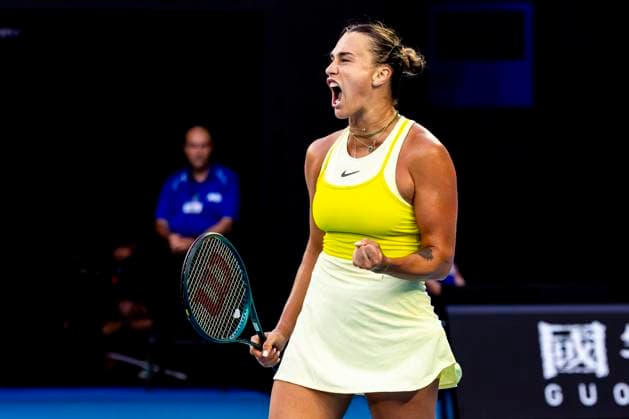 MELBOURNE, VIC - JANUARY 21: Aryna Sabalenka of Belarus celebrates during the Quarterfinals of the 2025 Australian Open on January 21 2025, at Melbourne Park in Melbourne, Australia. (Photo by Jason Heidrich Icon Sportswire) TENNIS: JAN 21 Australian Open EDITORIAL USE ONLY Icon250121169