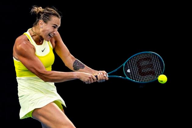 MELBOURNE, VIC - JANUARY 21: Aryna Sabalenka of Belarus in action during the Quarterfinals of the 2025 Australian Open on January 21 2025, at Melbourne Park in Melbourne, Australia. (Photo by Jason Heidrich Icon Sportswire) TENNIS: JAN 21 Australian Open EDITORIAL USE ONLY Icon250121173