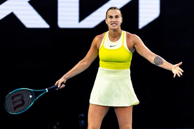 MELBOURNE, VIC - JANUARY 21: Aryna Sabalenka of Belarus in action during the Quarterfinals of the 2025 Australian Open on January 21 2025, at Melbourne Park in Melbourne, Australia. (Photo by Jason Heidrich Icon Sportswire) TENNIS: JAN 21 Australian Open EDITORIAL USE ONLY Icon250121177