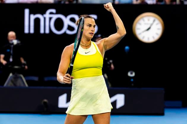 MELBOURNE, VIC - JANUARY 21: Aryna Sabalenka of Belarus celebrates during the Quarterfinals of the 2025 Australian Open on January 21 2025, at Melbourne Park in Melbourne, Australia. (Photo by Jason Heidrich Icon Sportswire) TENNIS: JAN 21 Australian Open EDITORIAL USE ONLY Icon250121180