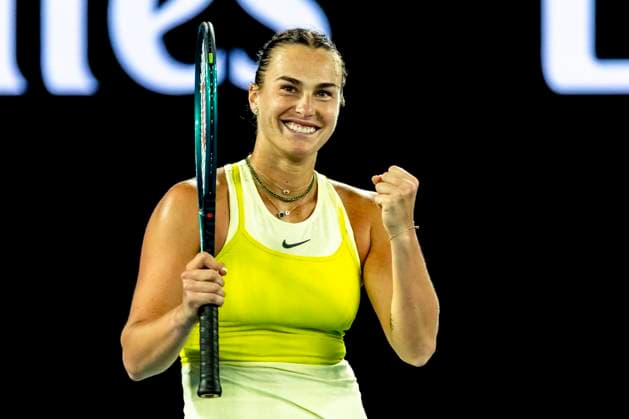 MELBOURNE, VIC - JANUARY 21: Aryna Sabalenka of Belarus celebrates during the Quarterfinals of the 2025 Australian Open on January 21 2025, at Melbourne Park in Melbourne, Australia. (Photo by Jason Heidrich Icon Sportswire) TENNIS: JAN 21 Australian Open EDITORIAL USE ONLY Icon250121191