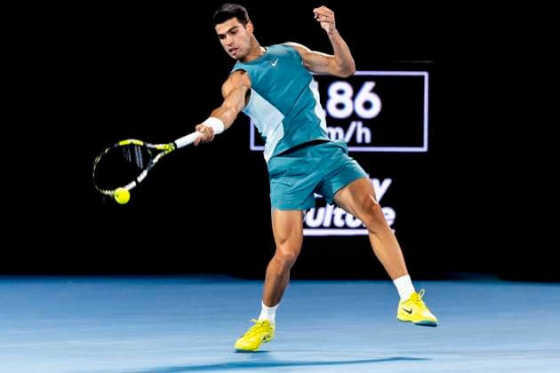 MELBOURNE, VIC - JANUARY 21: Carlos Alcaraz of Spain in action during the Quarterfinals of the 2025 Australian Open on January 21 2025, at Melbourne Park in Melbourne, Australia. (Photo by Jason Heidrich Icon Sportswire) TENNIS: JAN 21 Australian Open EDITORIAL USE ONLY Icon250121264