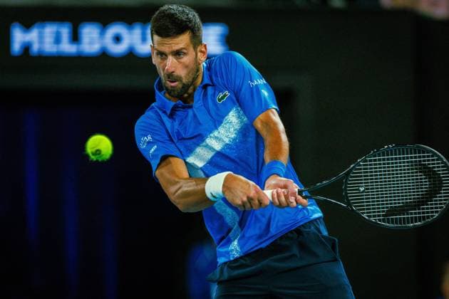 Serbian Novak Djokovic pictured during a tennis match between Serbian Djokovic and Spanish Alcaraz, in the quarterfinals of the men s singles at the Australian Open Grand Slam tennis tournament, Tuesday 21 January 2025 in Melbourne Park, Melbourne, Australia. The 2025 edition of the Australian Grand Slam takes place from January 12th to January 26th. PATRICKxHAMILTON  x110846085x