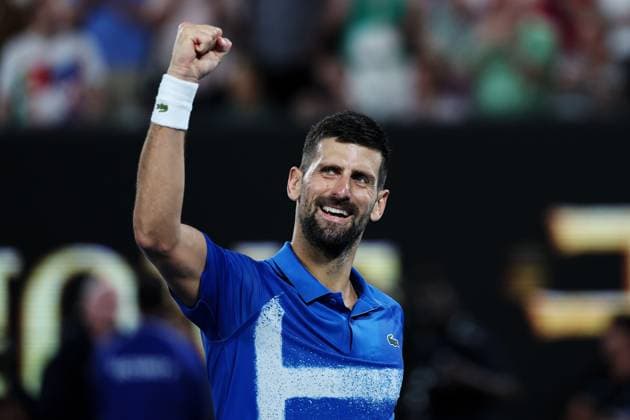 Novak Djokovic celebrates winning his Quarter-final match against Alcaraz in the Rod Laver Arena Australian Open, Day Ten, Tennis, Melbourne Park, Melbourne, Australia - 21 Jan 2025  Copyright: xEllaxLing Shutterstockx 15108779fy