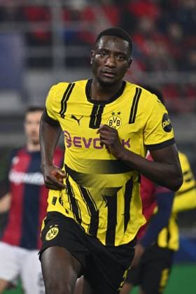 Serhou Guirassy of Borussia Dortmund celebrates after scoring the goal to make it 0-1 during the 7st day of the UEFA Champions League between Bologna F.C. and Borussia Dortmund at the Renato Dall Ara Stadium on January 21, 2025 in Bologna, Italy.  Copyright: xDomenicoxCippitelli IPAxSportx xipa-agency.netx xx IPA_53200654 IPA_Agency_IPA53200654