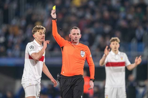 Yellow card for Anthony Rouault during UEFA Champions league match, SK Slovan Bratislava - VFB Stuttgart , 21. january 2025, Tehelne pole Stadium, Bratislava, Slovakia Copyright: xMICHALxFAJT,ZOSPORTU.SKx FAJ_7375