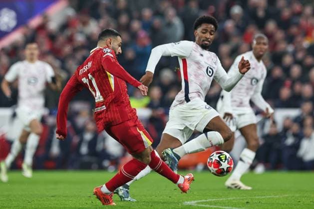 UEFA Champions League - League Stage Liverpool v Lille Mohamed Salah of Liverpool scores to make it 1-0 during the UEFA Champions League - League Stage Liverpool v Lille at Anfield, Liverpool, United Kingdom, 21st January 2025 (Photo by Mark Cosgrove News Images) Copyright: xMarkxCosgrove NewsxImagesx