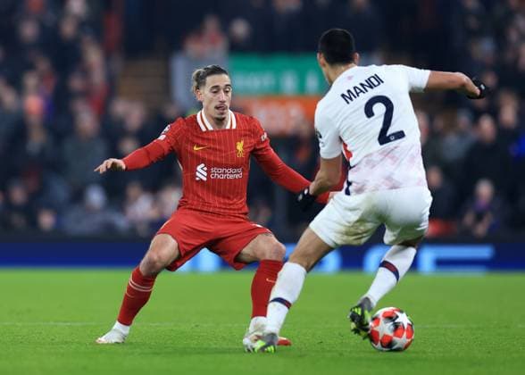 Liverpool, England, 21st January 2025. Liverpool s Kostas Tsimikas during the UEFA Champions League match at Anfield, Liverpool. Picture credit should read: Jessica Hornby Sportimage EDITORIAL USE ONLY. No use with unauthorised audio, video, data, fixture lists, club league logos or live services. Online in-match use limited to 120 images, no video emulation. No use in betting, games or single club league player publications. SPI_039_JH_Liverpool_Lille SPI-3613-0031