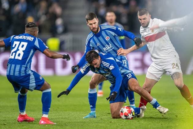 David Strelec in a battle for the ball during UEFA Champions league match, SK Slovan Bratislava - VFB Stuttgart , 21. january 2025, Tehelne pole Stadium, Bratislava, Slovakia Copyright: xMICHALxFAJT,ZOSPORTU.SKx FAJ_7659