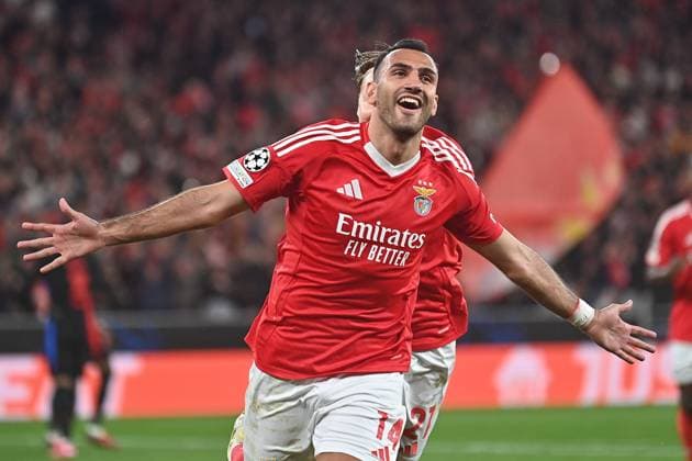 Portugal, Estadio do SL Benfica Lisbon 21. January 2025 Uefa Champions League phase 2024 25 Matchday 7, S.L.Benfica - FC Barcelona, Barca v.l., Vangelis Pavlidis (S.L.Benfica) Torjubel, Goal celebration, celebrate the goal Copyright: JoaquimxFerreira
