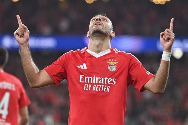 Portugal, Estadio do SL Benfica Lisbon 21. January 2025 Uefa Champions League phase 2024 25 Matchday 7, S.L.Benfica - FC Barcelona, Barca v.l., Vangelis Pavlidis (S.L.Benfica) Torjubel, Goal celebration, celebrate the goal Copyright: JoaquimxFerreira