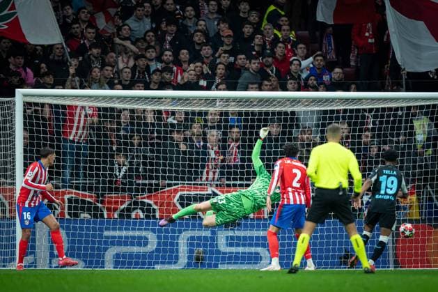 Piero Hincapie (Bayer Leverkusen) scores during a UEFA Champions League match between Atletico de Madrid and Bayer Leverkusen at Riyadh Air Metropolitano in Madrid, Madrid, Spain, on January 21 2025. Photo by Felipe Mondino Copyright: x@FELIPExMONDINOx
