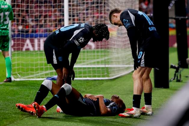 Nathan Tella (Bayer 04 Leverkusen) on the ground during the UEFA Champions League 2024 25 League Phase MD7 match between Atletico de Madrid and Bayer 04 Leverkusen at Estadio Civitas Metropolitano on January 21, 2025 in Madrid, Spain. (Photo by Manu Reino DeFodi Images) Defodi-071_ATMLEV20250121_117