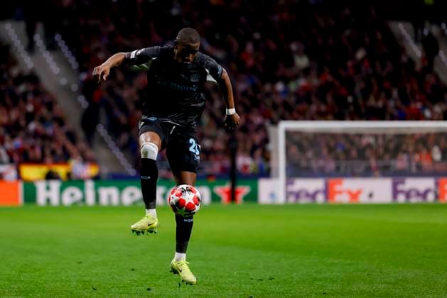 Nordi Mukiele (Bayer 04 Leverkusen) controls the ball during the UEFA Champions League 2024 25 League Phase MD7 match between Atletico de Madrid and Bayer 04 Leverkusen at Estadio Civitas Metropolitano on January 21, 2025 in Madrid, Spain. (Photo by Manu Reino DeFodi Images) Defodi-071_ATMLEV20250121_121