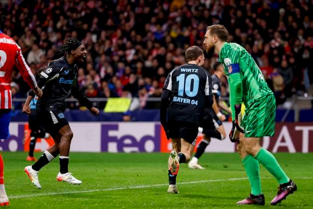 Jeremie Frimpong (Bayer 04 Leverkusen) und Florian Wirtz (Bayer 04 Leverkusen) celebrates his team s first goal during the UEFA Champions League 2024 25 League Phase MD7 match between Atletico de Madrid and Bayer 04 Leverkusen at Estadio Civitas Metropolitano on January 21, 2025 in Madrid, Spain. (Photo by Manu Reino DeFodi Images) Defodi-071_ATMLEV20250121_124