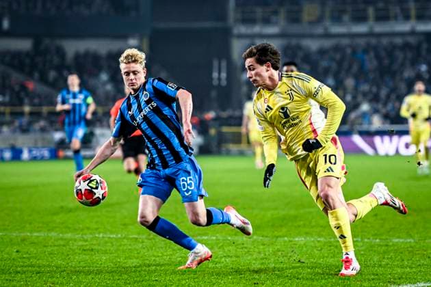 Club Brugge defender Joaquin Seys, Juventus forwarder Kenan Yildiz, during the match Club Brugge - Juventus at the Jan Beydelstadium for the UEFA Champions League - League phase - Matchday 7 season 2024-2025 in BRUGGE, Belgium on 21 januari 2025, (photo by Stefan Koops EYE4images DeFodi Images) Defodi-746_209699