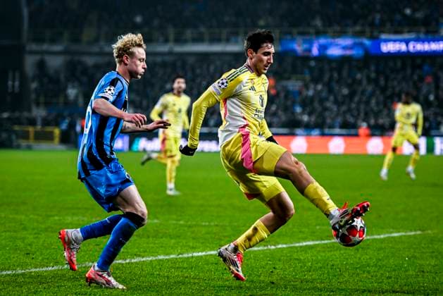 Club Brugge defender Joaquin Seys, Juventus forwarder Kenan Yildiz, during the match Club Brugge - Juventus at the Jan Beydelstadium for the UEFA Champions League - League phase - Matchday 7 season 2024-2025 in BRUGGE, Belgium on 21 januari 2025, (photo by Stefan Koops EYE4images DeFodi Images) Defodi-746_209704