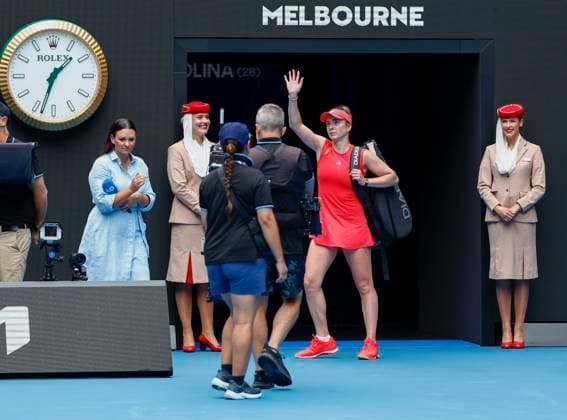 (250122) -- MELBOURNE, Jan. 22, 2025 -- Elina Svitolina (2nd R) greets the spectators after the women s singles quarterfinals match between Madison Keys of the United States and Elina Svitolina of Ukraine at the Australian Open tennis tournament in Melbourne, Australia, Jan. 22, 2025. (Photo by Xinhua) (SP)AUSTRALIA-MELBOURNE-TENNIS-AUSTRALIAN OPEN-DAY 11 ChuxChen 
