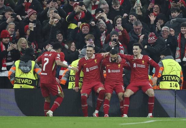 Liverpool v Lille, UEFA Champions League 21.01.25 Liverpool v Lille, UEFA Champions League, League Phase Mohamed Salah of Liverpool scores and celebrates scoring his teams opening goal of the match 1-0  Copyright: xBradleyxOrmesherx NINTCHDBPICT000965599798