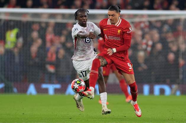 Liverpool v Lille OSC Champions League 21 01 2025. Darwin Nunez (9) of Liverpool is challenged by Ngal™ayel Mukau (17) of Lille during the Champions League match between Liverpool and Lille OSC at Anfield, Liverpool, England on 21 January 2025. Liverpool Anfield Merseyside England Editorial use only , Copyright: xConorxMolloyx PSI-21296-0119