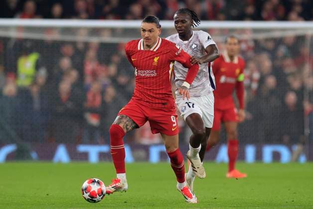 Liverpool v Lille OSC Champions League 21 01 2025. Darwin Nunez (9) of Liverpool is challenged by Ngal™ayel Mukau (17) of Lille during the Champions League match between Liverpool and Lille OSC at Anfield, Liverpool, England on 21 January 2025. Liverpool Anfield Merseyside England Editorial use only , Copyright: xConorxMolloyx PSI-21296-0120