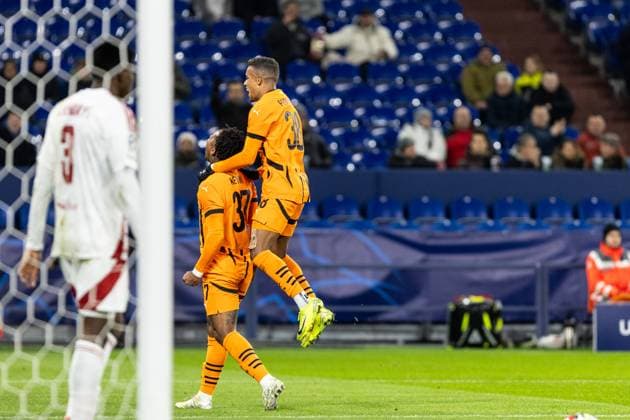 UEFA Champions League: FC Shakhtar Donetsk - Stade Brest; 22.01.2025 FC Shakhtar Donetsk bejubeln das Tor, 1:0 durch Kevin (FC Shakhtar Donetsk, 37) UEFA Champions League: FC Shakhtar Donetsk - Stade Brest; Arena AufSchalke, Gelsenkirchen; 22.01.2025 Copyright: xBEAUTIFULxSPORTS Buriakovx