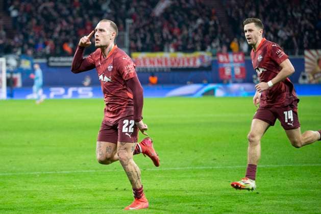 GER, Leipzig, RB Leipzig vs. Sporting Lissabon, 7. Spieltag UEFA Champions League Ligaphase im Bild v.l.: David Raum (RB Leipzig 22), Christoph Baumgartner (RB Leipzig 14), Torjubel 22.01.2025, UEFA REGULATIONS PROHIBIT ANY USE OF PHOTOGRAPHS AS IMAGE SEQUENCES AND OR QUASI-VIDEO, Copyright: HMBxMedia PaulxFritz