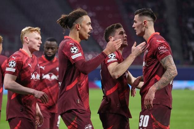 22.01.2025, xtgx, Fussball, UEFA Champions League, RB Leipzig - Sporting Lissabon emspor, v.l. Jubel nach dem 2:1 durch Yussuf Poulsen (Leipzig, 9) (DFL DFB REGULATIONS PROHIBIT ANY USE OF PHOTOGRAPHS as IMAGE SEQUENCES and or QUASI-VIDEO) Leipzig