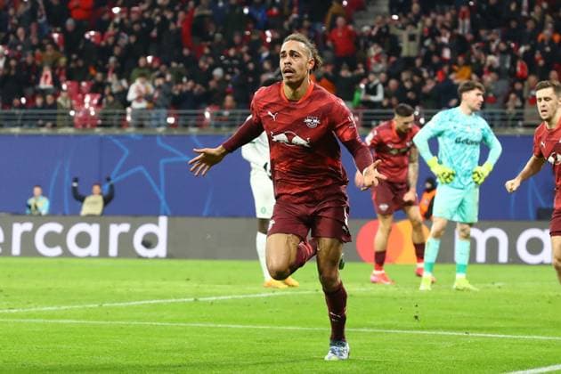 RB Leipzig - Sporting Lissabon Champions League Leipzig, 22.01.2025, Red Bull Arena, Fussball, Männer, Saison 2024 2025, UEFA Champions League, 7. Spieltag , RB Leipzig - Sporting Lissabon , Im Bild: Torjubel nach dem 2:1, Torschütze Yussuf Yurary Poulsen (9, RB Leipzig) ,