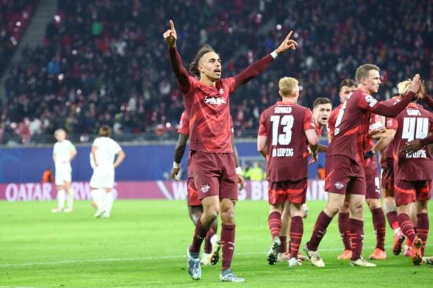 RB Leipzig - Sporting Lissabon Champions League Leipzig, 22.01.2025, Red Bull Arena, Fussball, Männer, Saison 2024 2025, UEFA Champions League, 7. Spieltag , RB Leipzig - Sporting Lissabon , Im Bild: Torjubel nach dem 2:1, Torschütze Yussuf Yurary Poulsen (9, RB Leipzig) ,