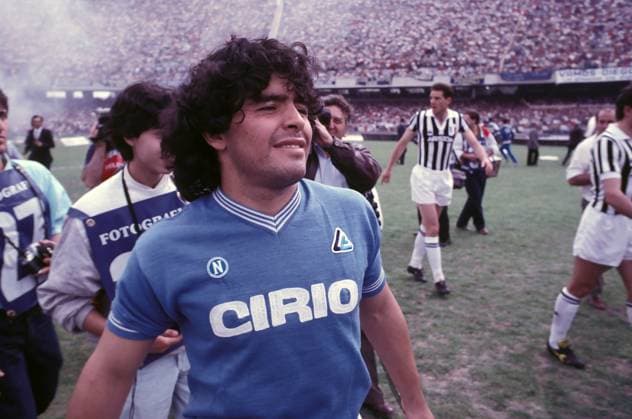 Serie A match between Napoli, S.S.C and Juventus Football Club NAPLES, ITALY - MAY 05: Diego Armando Maradona, during a Serie A match between Napoli, S.S.C and Juventus Football Club at Stadio San Paolo on May 5, 1985 in Naples, Italy. Naples Italy Copyright: xStefanoxMontesix