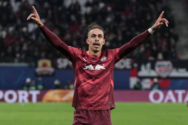 Torjubel - Torschütze Yussuf Poulsen (RB Leipzig,9) trifft zum 2-1 - Champions League Ligaphase Saison 2024-2025 RB Leipzig vs. Sporting Lissabon in der Red Bull Arena in Leipzig - Aktion,Fussball,Deutschland,Mann,Männer,22.01.2025