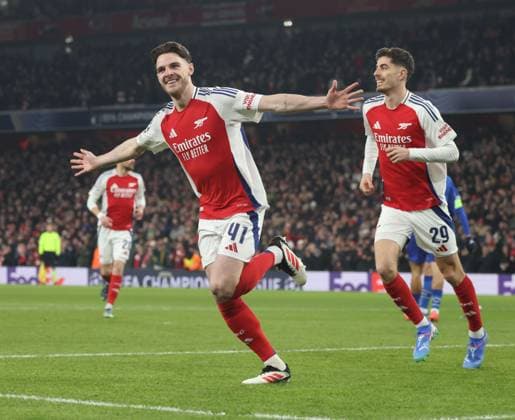 Declan Rice (A) scores the first Arsenal goal (1-0) at the Arsenal v Dinamo Zagreb UEFA Champions League match, at the Emirates Stadium, London, UK on 22nd January, 2025. 