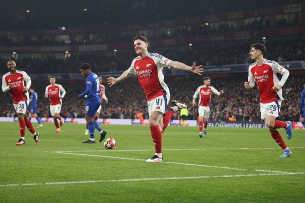 Declan Rice (A) scores the first Arsenal goal (1-0) at the Arsenal v Dinamo Zagreb UEFA Champions League match, at the Emirates Stadium, London, UK on 22nd January, 2025. 